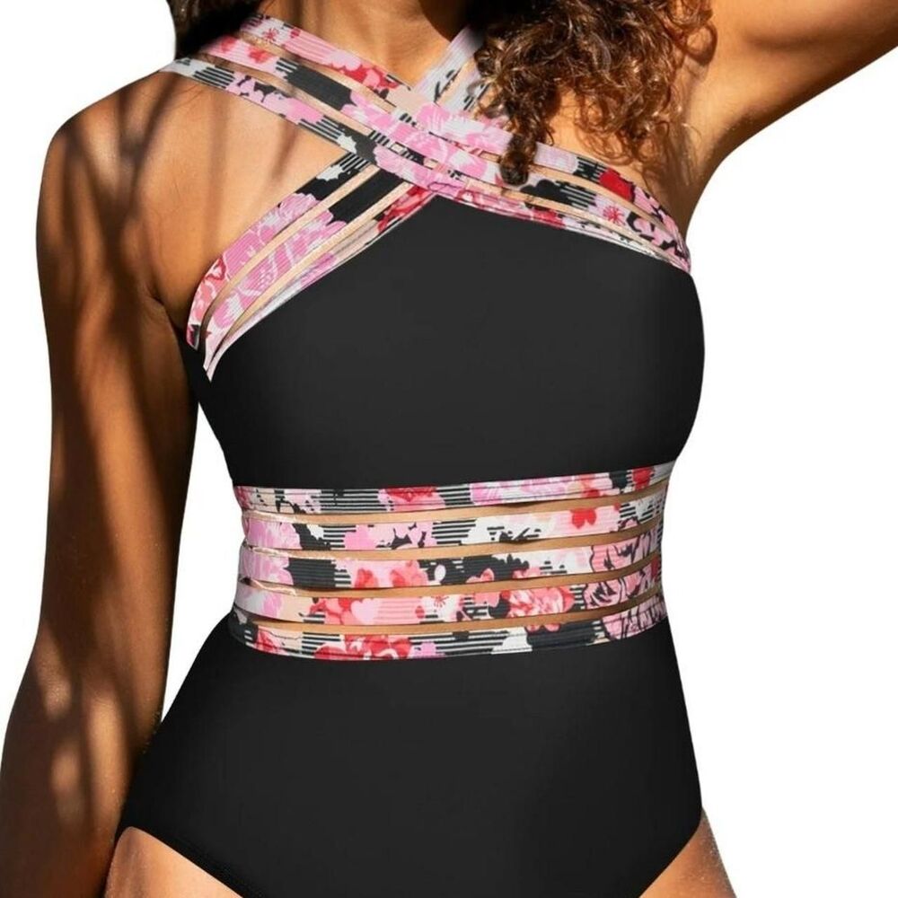 NWT HiLor Women's One Piece Halter Swimsuit, Small, Black with Floral Accents